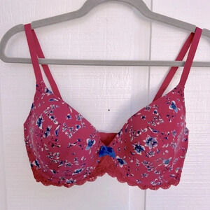 ADORE ME Cottagecore Pink/Blue Floral Lace Trim Push-Up Demi Underwire Bra 34DD